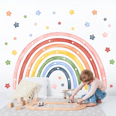 Grote Regenboog Wandsticker voor Kinderkamer met Sterren en Waterverf Decoratie voor Baby- en Meisjeskamers, Woonkamer en Klaslokaal