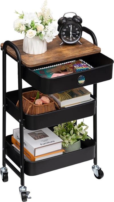 Metalen opbergkar - Rollende trolley - Slimme opslag - Met lade - 70 cm hoog - Zwart