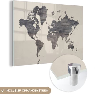 ® Glasschilderij 150x100 cm - Schilderij acrylglas - Wereldkaart - Grijs - Hout - Foto op glas - Muurdecoratie woonkamer - Wanddecoratie slaapkamer - Schilderijen