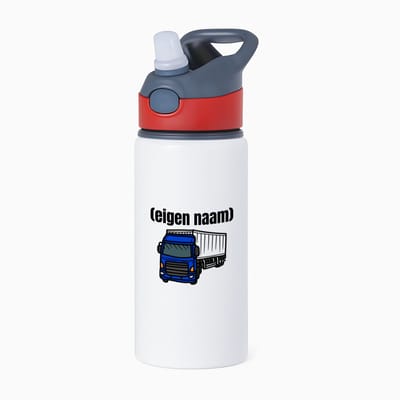 Hacebo® - blauwe vrachtwagen met eigen naam waterfles met rietje rood - Vrachtwagen chauffeur - vrachtauto chauffeurs - iemand die houdt van vrachtwagens - verjaardag - cadeau - kado - geschenk - water fles - 650ML