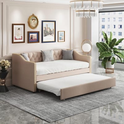 Gestoffeerde Slaapbank - Bank Bed - Ruimtebesparing - Hydraulisch Mechanisme - 90x200cm Uitklapbaar - Beige