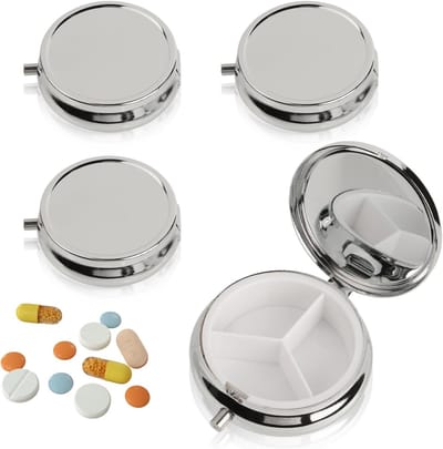 Set van 4 Kleine Pillendozen met Spiegel, Reis Pillendoos, 3 Compartimenten, Ronde Metalen Medicijnbox voor Opberging en Organisatie