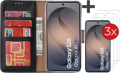 Hoesje met 3 Stuks Screenprotectors Geschikt voor Samsung Galaxy S26 – Arara bookcase met pasjeshouder - Zwart