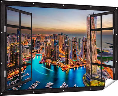 Gards Tuinposter Doorkijk Dubai Haven met de Stad - 180x120 cm - Tuindoek - Tuindecoratie - Wanddecoratie buiten - Tuinschilderij