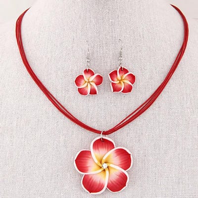 Ensembles de bijoux à fleurs de Plumeria pour femmes, boucles d'oreilles en pâte polymère Fimo, collier pendentif rouge