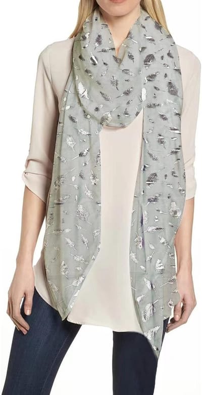 Dames Sjaal - Accessoire Foulard - Stijlvolle Afwerking - Metallic Veerpatroon - Lichtgewicht - Grijs Zilver