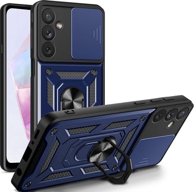 Hoesje Geschikt voor Samsung Galaxy A35 Met draaibare Ringhouder en camera bescherming - Arara backcover - Blauw