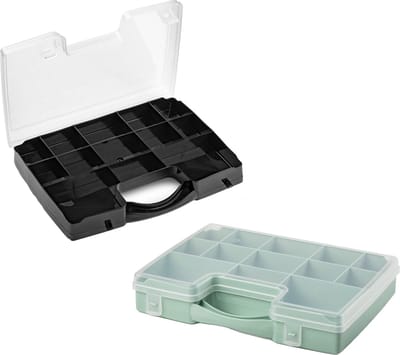 Forte Plastics - Opberg vakjesdoos/Sorteerbox - 13-vaks kunststof - 27 x 20 x 3 cm - zwart en groen