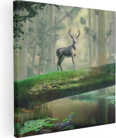 Artaza Canvas Schilderij Hert - 80x80 cm - Wanddecoratie Bos - Muurdecoratie Gewei - Schilderijen Op Canvas Natuur