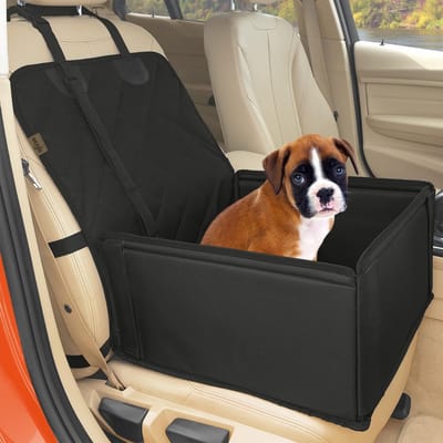 Famanu - Extra Stable Dog Car Seat – Robust Car Dog Seat or Puppy Car Seat for Small to Medium-Sized Dogs – Reinforced Walls and 3 Belts – Waterproof Pet Car Seat for Back and Front Seat (Black)