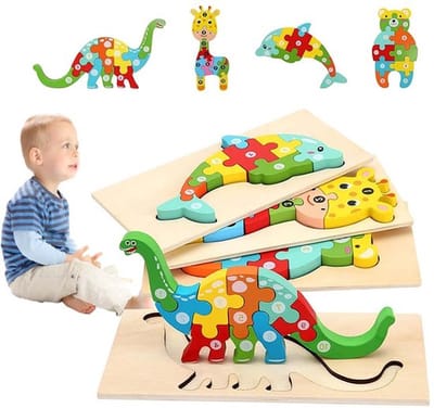 4 Stuks Houten Puzzel Speelgoed - Stereo Puzzel - Geschikt Voor Kinderen Van 1-3 Jaar - Educatief Speelgoed - Herten Dolfijn Dinosaurus Beerpatroon Puzzel