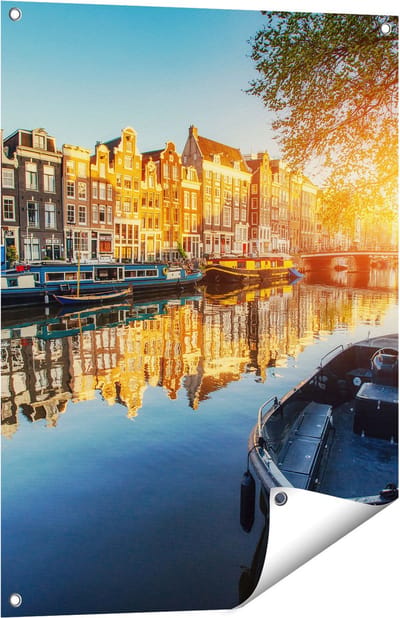 Gards Tuinposter Amsterdamse Gracht bij Zonsondergang - 60x80 cm - Tuindoek - Tuindecoratie - Wanddecoratie buiten - Tuinschilderij