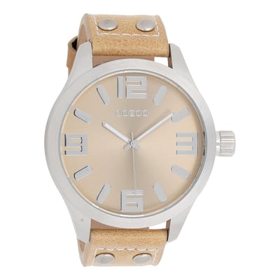 OOZOO Timepieces - Zilverkleurige horloge met beige leren band - C1005