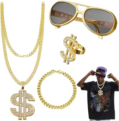 Ultiluxe® Rapper Accessoires - 4 Stuks - Dollar Ketting Set - Hip Hop Kostuum - Gouden Bril - Retro - Verkleedaccessoire - Goud