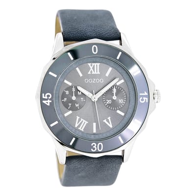OOZOO Timepieces - Zilverkleurige horloge met blauwe leren band - C6257