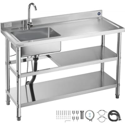 VEVOR RVS spoelbak (120 x 50 x 94 cm), enkele kom met kraan en 2 opbergvakken, keukenspoelbak voor garagerestaurant, buitenwasbak met werkblad (rechts)