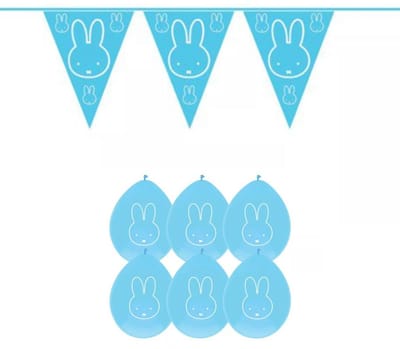 Nijntje feestpakket blauw - ballon en vlag set – 10 meter vlaggenlijn – baby boy – feestdecoratie – geboorte – babyshower – jongen – luchtballonnen – vrolijk – kindvriendelijk – feestversiering – nijntje fans – cadeau – babyfeest – genderreveal