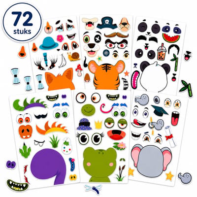 Partizzle 72x Zelf Gezichtjes Maken Stickers - Stickervellen Voor Kinderen / Peuters - Knutselen - Grabbelton Traktatie Cadeautjes - Dieren, Dinosaurus, Jungle Uitdeelcadeautjes - 6 Sticker Ontwerpen