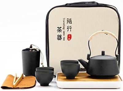 PromoHome Draagbaar Theeservies - Zwart Porselein Set met Theepot en Kopjes