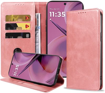 Geschikt voor Motorola Moto G55 Telefoonhoesje Kunstleer met Magnetische sluiting en Pasjeshouder Bookcase met Klepje - Walletcase with Cardslot - Rosé Goud - Smartphonica geschikt voor Motorola Moto G55