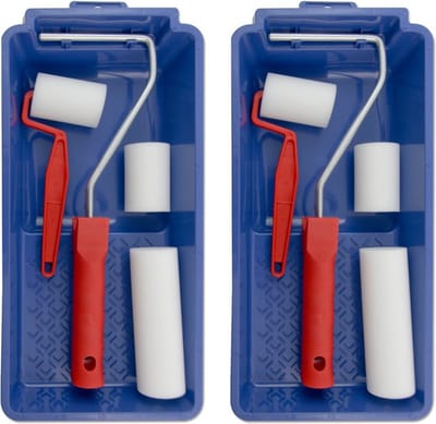 Lakroller schilderset - 2x - 5 en 10 cm - extra fijn - met verfbak en beugel - schuimrollers - verfset
