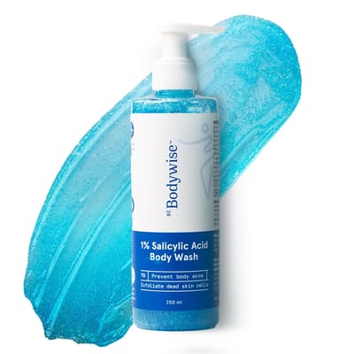 Be Bodywise Gel Douche Exfoliant Corps Acide Salicylique 1% 250ml | Prévient l'Acné Corporel, les Peaux Granuleuses & Nettoie en Profondeur | Convient à Tous les Types de Peau. blue