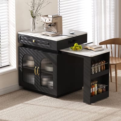 HAUSS SPOLE Eettafel - Uitschuifbare Keukeneilandtafel Met Ledverlichting En Oplaadpunt - Voor Keuken En Eetkamer - Zwart - 128-200x71x92 Cm