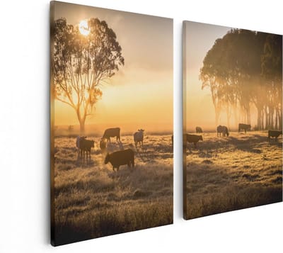 Artaza Canvas Schilderij Tweeluik Kudde Koeien In De Wei Met Zonsopkomst - 80x60 - Foto Op Canvas - Canvas Print