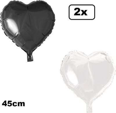 2x Folieballon Hart zwart en wit (45 cm) - trouwen huwelijk bruid hartjes ballon feest festival liefde white