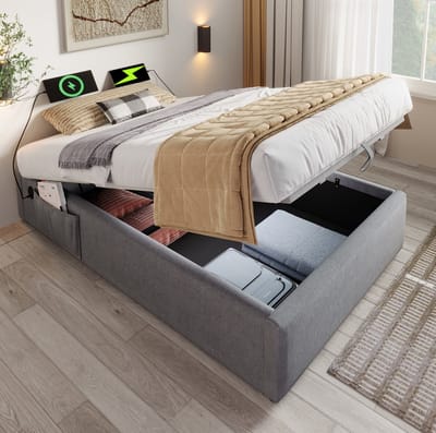 MEUNIQ eenpersoons opbergbed 90x190 cm met USB en Type-C, gestoffeerd bedframe zonder hoofdbord, lattenbodem, grijs, slaapkamer