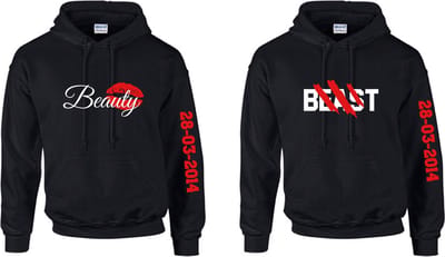 Setje hoodies Beauty en Beast met datum | Truien met capuchon voor hem en haar | Maat S