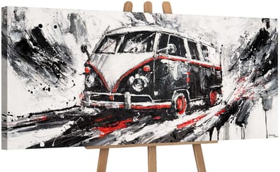 Canvas schilderij panoramisch 115x50 handgeschilderd retro drive auto vintage – YS-Art Gallery – Nostalgische wanddecoratie voor woonkamer – Modern schilderij voor hal