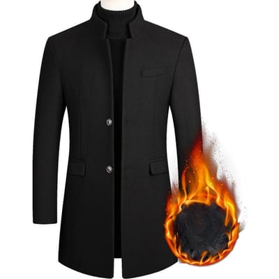 Dikke Heren Wolmix Trenchcoat Middellang en Lang Casual met Opstaande Kraag Grote Maat Woljas Heren 3XL zwart