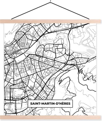 Posterhanger incl. Poster 40x40 cm - Schoolplaat - Stadskaart - Frankrijk - Kaart - Plattegrond - Saint-Martin-d'Hères - Zwart wit - Textielposter - Blanke latten - Stadskaart
