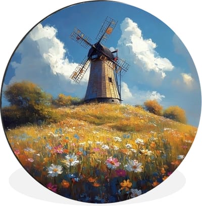 WallCircle - Wandcirkel - Muurcirkel - Windmolen - Heuvel - Bloemen - Kleurrijk - Aluminium - Dibond - 30x30 cm - Binnen en Buiten