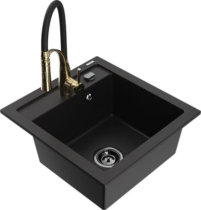 Mexen Vito granieten spoelbak met 1 compartiment en Aster keukenkraan, zwart - 6503-77-73450-57-B
