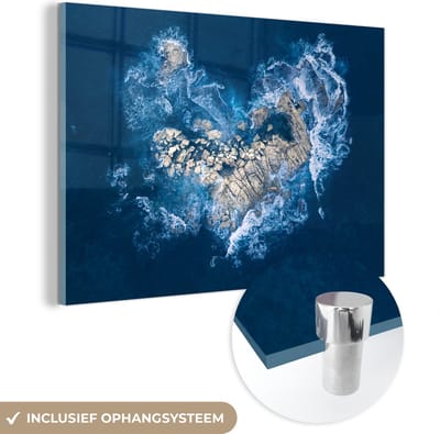 MuchoWow® Glasschilderij 120x80 cm - Schilderij acrylglas - Golven - Stenen - Hart - Foto op glas - Muurdecoratie woonkamer - Wanddecoratie slaapkamer - Schilderijen