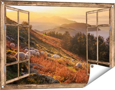 Gards Tuinposter Doorkijk Schapen in de Bergen - 90x60 cm - Tuindoek - Tuindecoratie - Wanddecoratie buiten - Tuinschilderij
