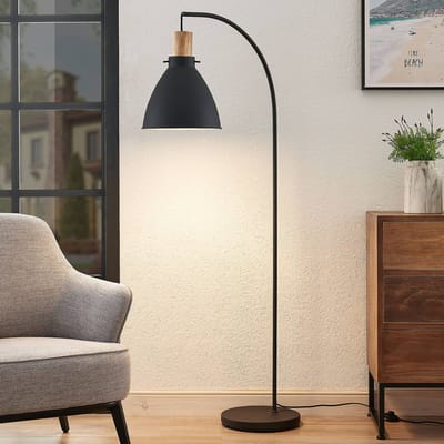 Lindby - vloerlamp - 1licht - IJzer, eucalyptushout - H: 154 cm - E27 - zwart, licht hout