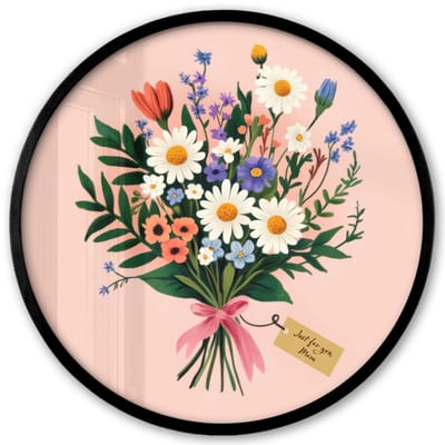 Poster in lijst Rond - Fotolijst 40x40 cm - Posters - Margrieten - Boeket - Strikje - Roze - Ronde posterlijst zwart - Decoratie - Wanddecoratie woonkamer - Muurdecoratie slaapkamer