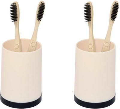 Concorde Badkamer drinkbeker/tandenborstelhouder - 2x stuks - kunststof - beige/zwart - 8 x 10 cm