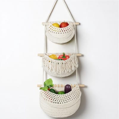 Grote Hangende Opbergmanden met 3 Niveaus, Decoratieve Wandmand voor Fruit en Groenten, Boho Keuken Decoratie en Nursery Wandoplossing