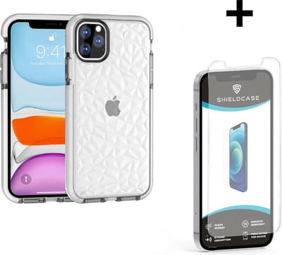ShieldCase diamanten case geschikt voor Apple iPhone 12 / 12 Pro - 6.1 inch - wit + glazen Screen Protector - Beschermhoesje wit met screenprotector - Hoesje plus glas screen protector