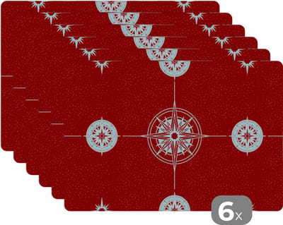 Placemat - Placemats kunststof - Kompas - Reizen - Patronen - 45x30 cm - 6 stuks - Hittebestendig - Anti-Slip - Onderlegger - Afneembaar