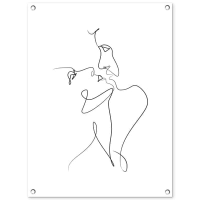 Tuinposter 60x80 cm - Tuindecoratie Abstracte line art van een koppel met gesloten ogen op een witte achtergrond - Poster voor in de tuin - Buiten decoratie - Schutting tuinschilderij - Tuindoek muurdecoratie - Wanddecoratie balkondoek