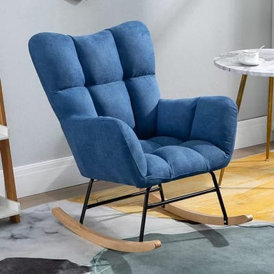 Schommelstoel Kinderkamer - Fauteuil Babykamer - Baby Kalmeren - Teddy Stof Zitting - Hoge Rugleuning - Blauw