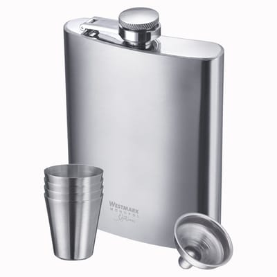 Westmark Pocket Hip Flask (volume 236 ml) inclusief mini-trechter + roestvrijstalen shotglaasjes/mini drinkbekers (30 ml elk), bedoeld voor onderweg, Monopol Edition, 18/8 roestvrij staal, Delano/Mendo, zilver, 615633E6