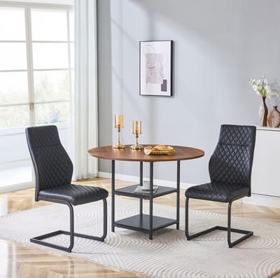 Set Tafel En Stoelen - Ronde Eettafel Met Dubbele Opbergniveaus - Voor Eethoek En Keuken - MDF Metaal En PU Leer - Zwart Walnoot