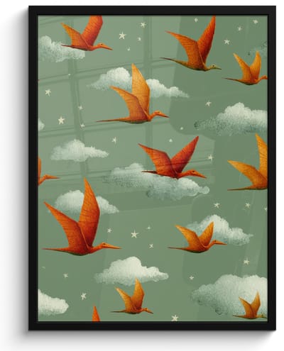 Poster in lijst - Fotolijst 60x80 cm - Posters - Dinosaurussen - Wolken - Sterren - Oranje - Posterlijst zwart - Decoratie - Wanddecoratie woonkamer - Muurdecoratie slaapkamer