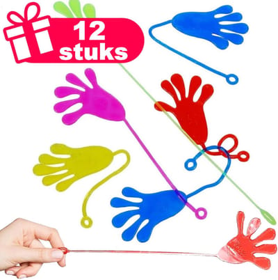 Henbrandt - 12 Stuks Kleurige Rekbare Kleefhandjes aan Koord (6cm) - Plakhandjes - Sticky Hands - Uitdeelcadeaus Ideaal voor Kinderfeestjes en Traktaties